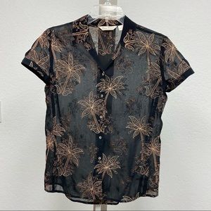 Tommy Bahama embroidered sheer silk womens cap sleeve top shirt Black size XS